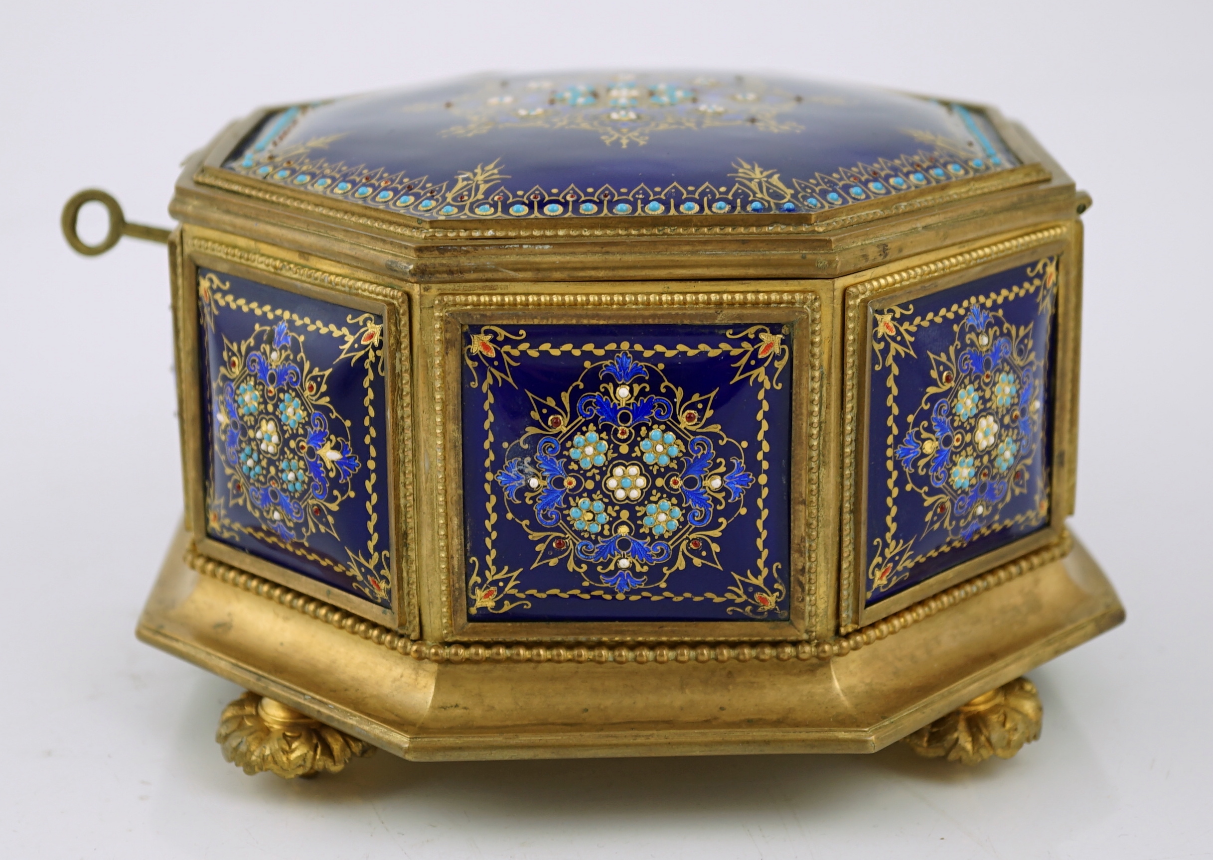 A 19th century French Limoges enamel casket, 18cm wide, 18cm deep, 10cm high